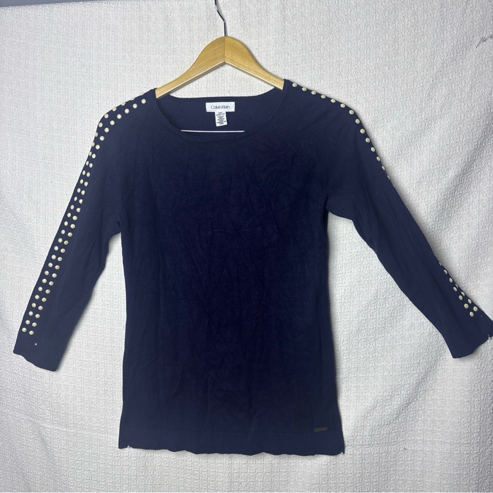 Calvin‎ Klein Dark Blue Blouse with Studded Sleeves